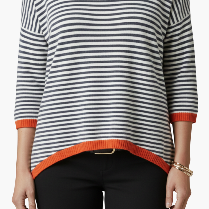 Women's Long Sleeve Striped Top with Contrast Trim Design-Metro Lane Plaza