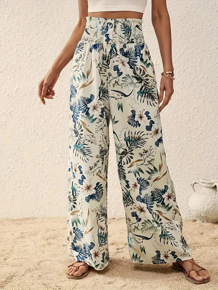 Pantalon palazzo pour femme à imprimé tropical, taille smockée et jambes larges