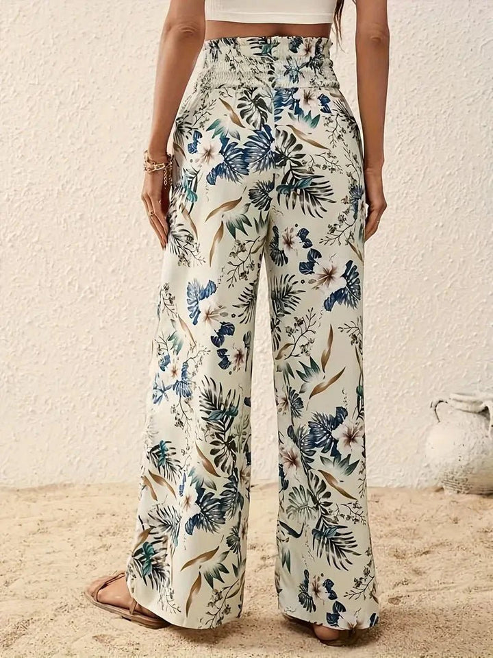 Pantalon palazzo pour femme à imprimé tropical, taille smockée et jambes larges