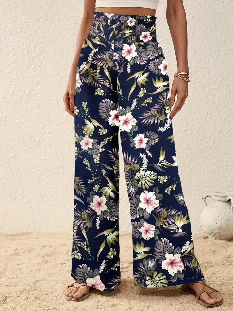 Pantalon palazzo pour femme à imprimé tropical, taille smockée et jambes larges