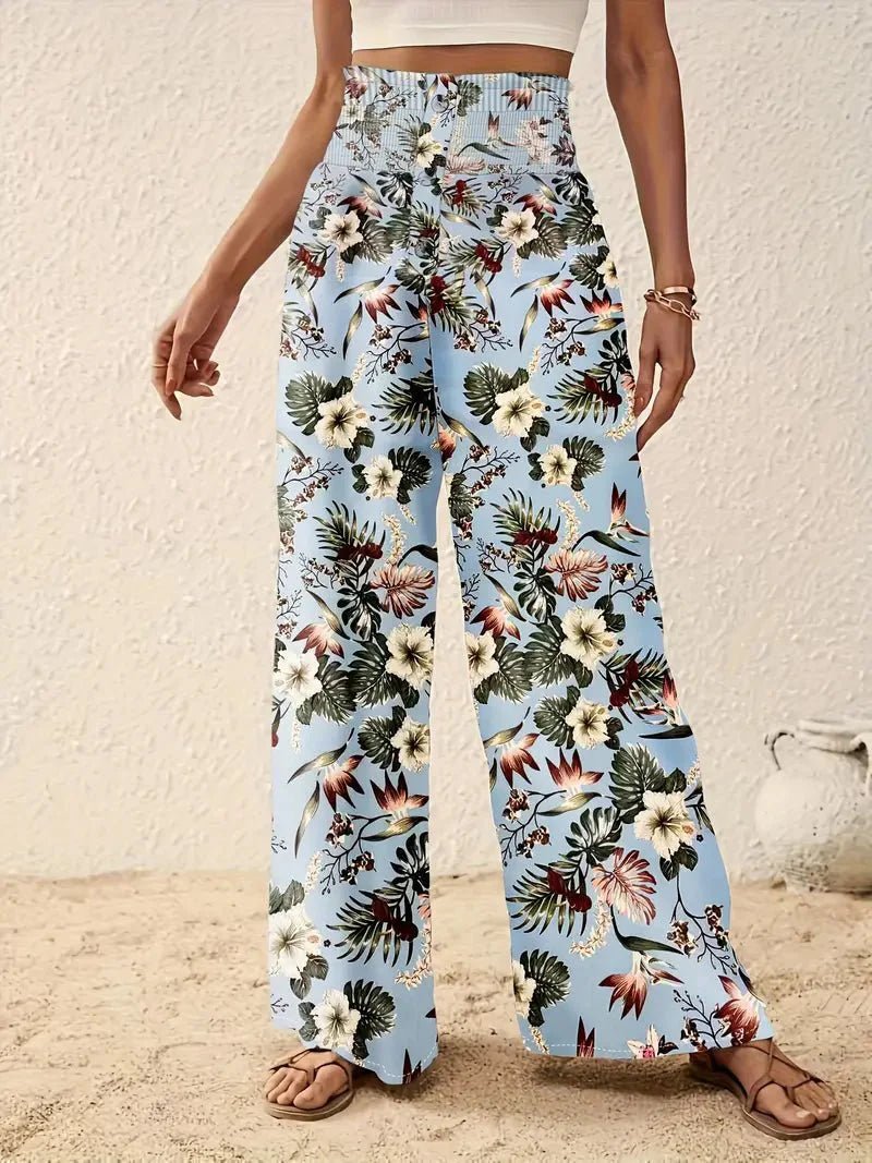 Pantalon palazzo pour femme à imprimé tropical, taille smockée et jambes larges