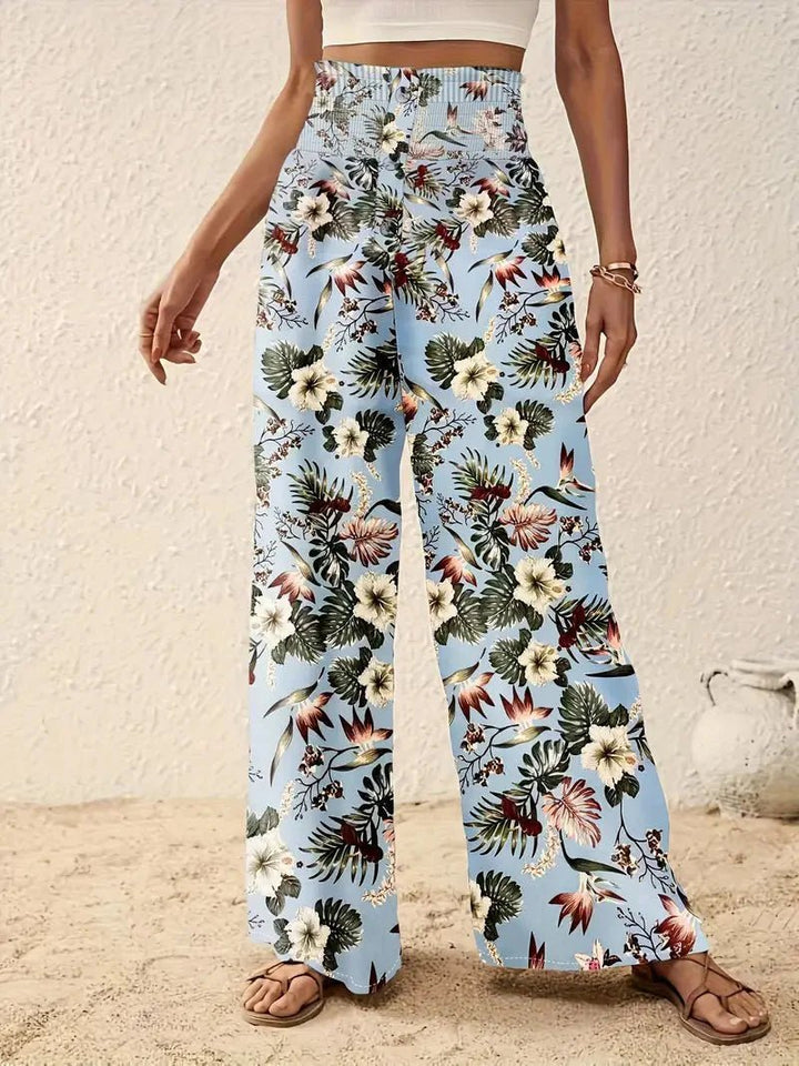 Pantalon palazzo pour femme à imprimé tropical, taille smockée et jambes larges