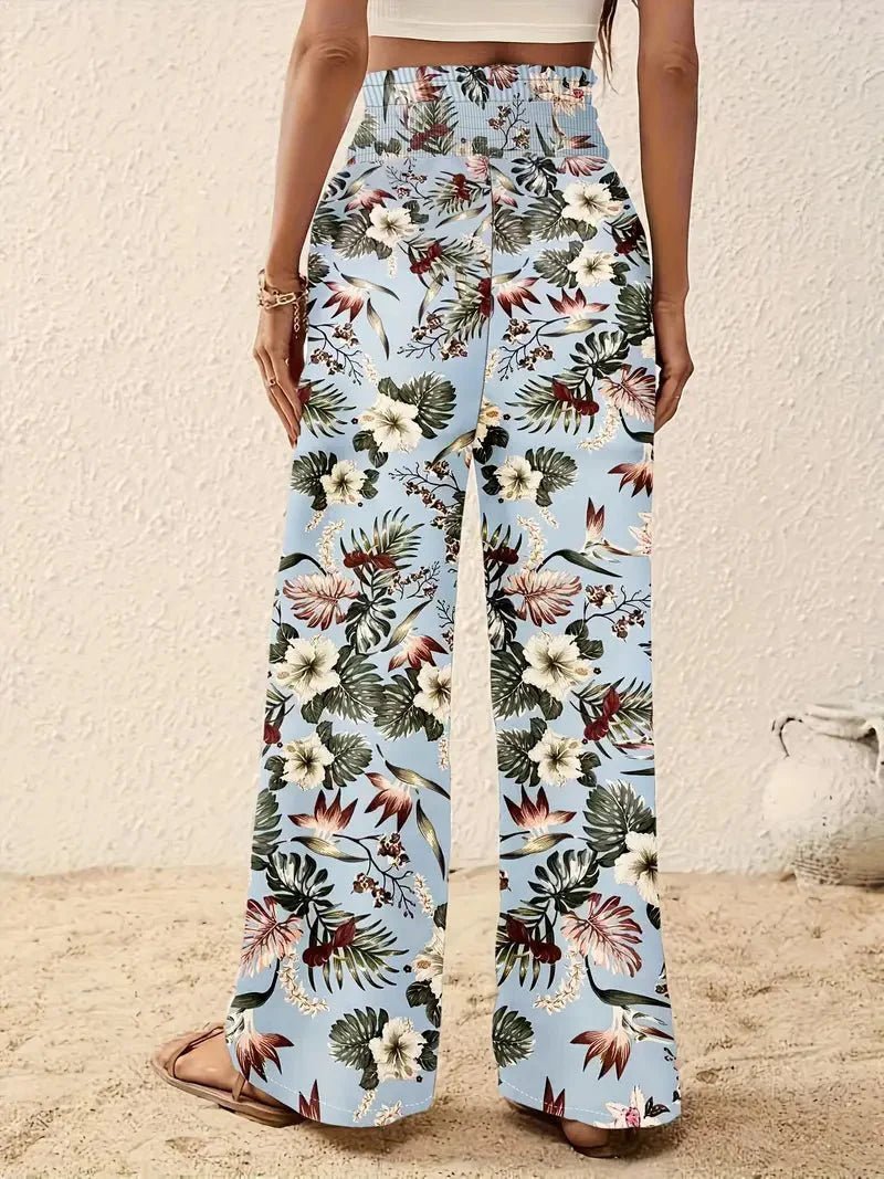 Pantalon palazzo pour femme à imprimé tropical, taille smockée et jambes larges