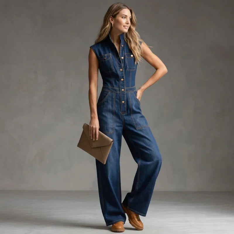 Isla | Women's High-Waisted Wide-Leg Denim Jumpsuit-Metro Lane Plaza