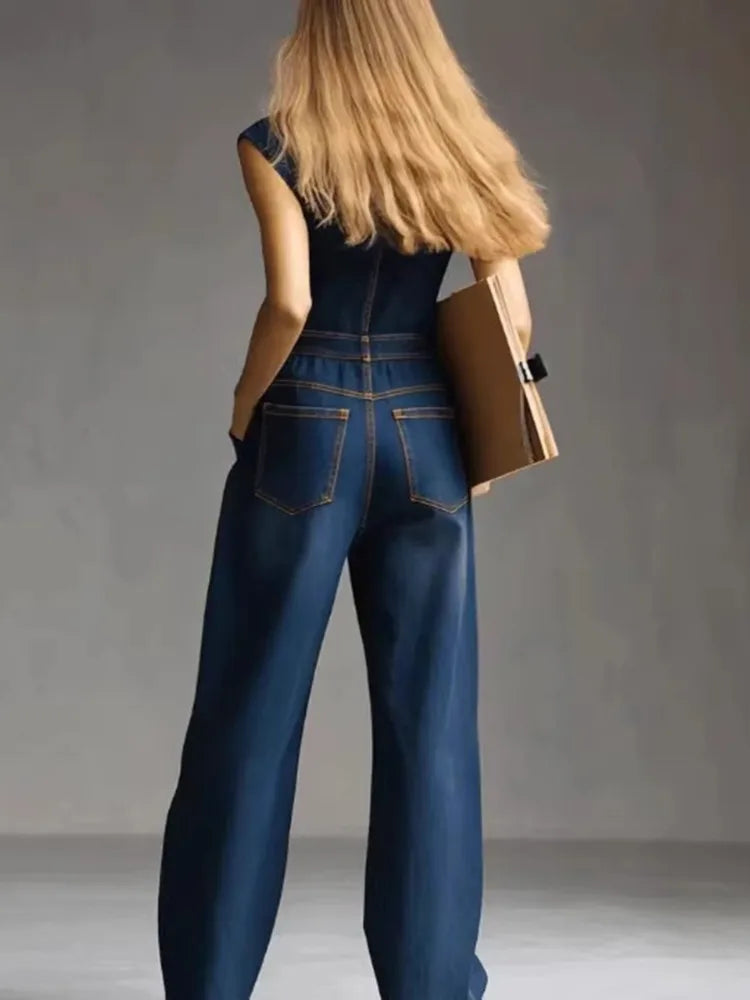 Isla | Women's High-Waisted Wide-Leg Denim Jumpsuit-Metro Lane Plaza