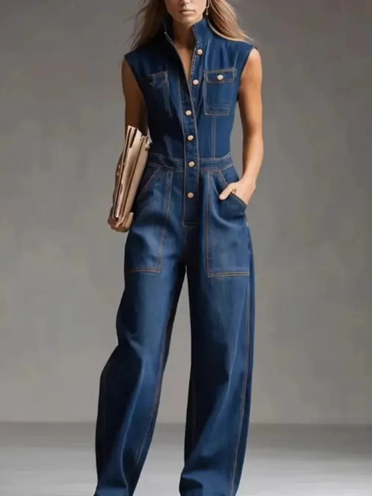Isla | Women's High-Waisted Wide-Leg Denim Jumpsuit-Metro Lane Plaza