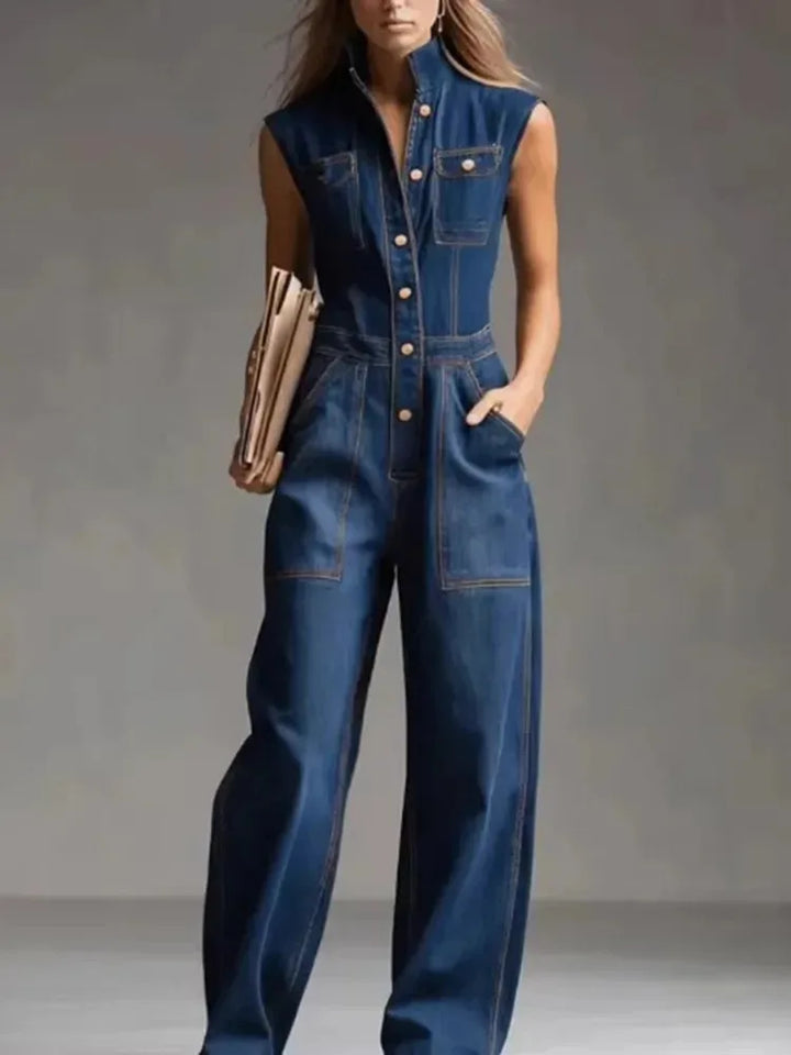 Isla | Women's High-Waisted Wide-Leg Denim Jumpsuit-Metro Lane Plaza