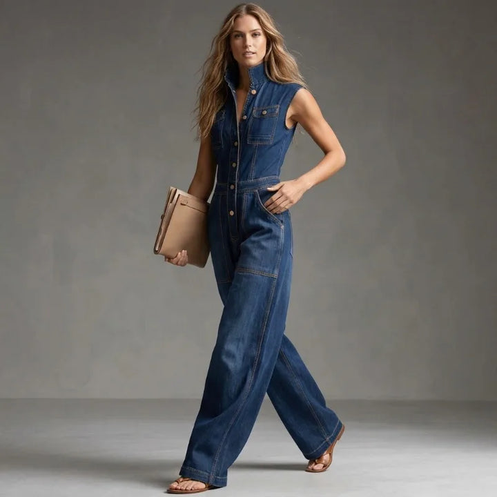 Isla | Women's High-Waisted Wide-Leg Denim Jumpsuit-Metro Lane Plaza