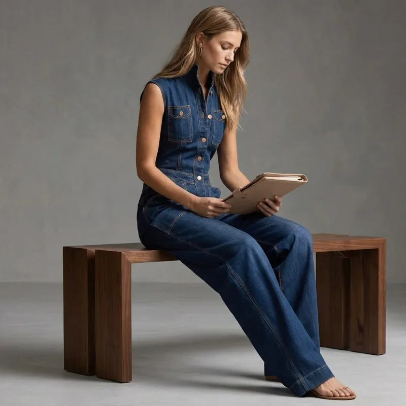 Isla | Women's High-Waisted Wide-Leg Denim Jumpsuit-Metro Lane Plaza