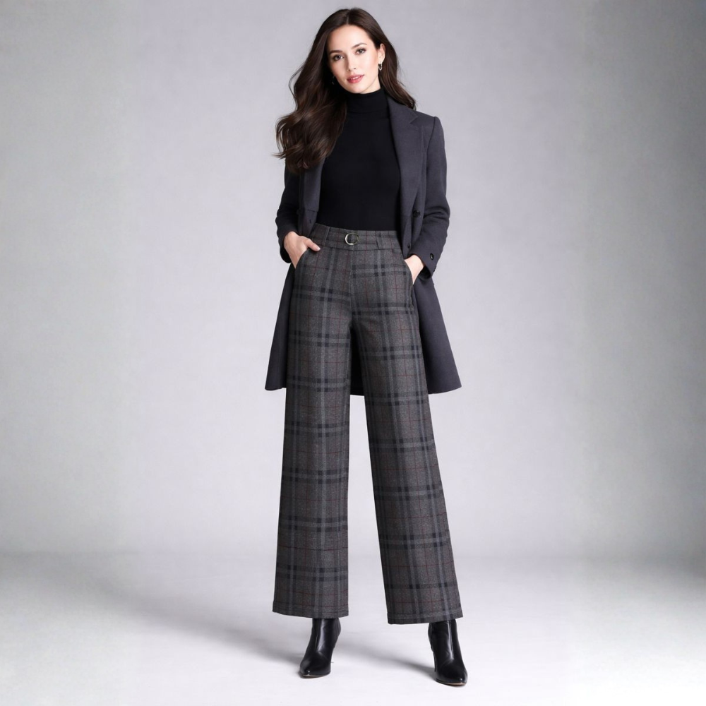 Emma | Women's High Waist Checkered Trousers - Casual Wide Leg Style-Metro Lane Plaza