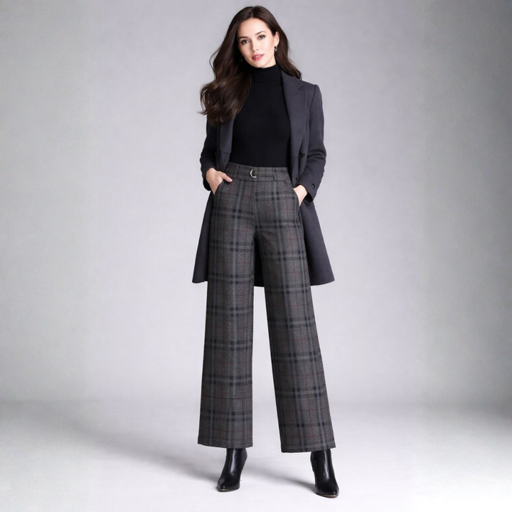 Emma | Women's High Waist Checkered Trousers - Casual Wide Leg Style-Metro Lane Plaza