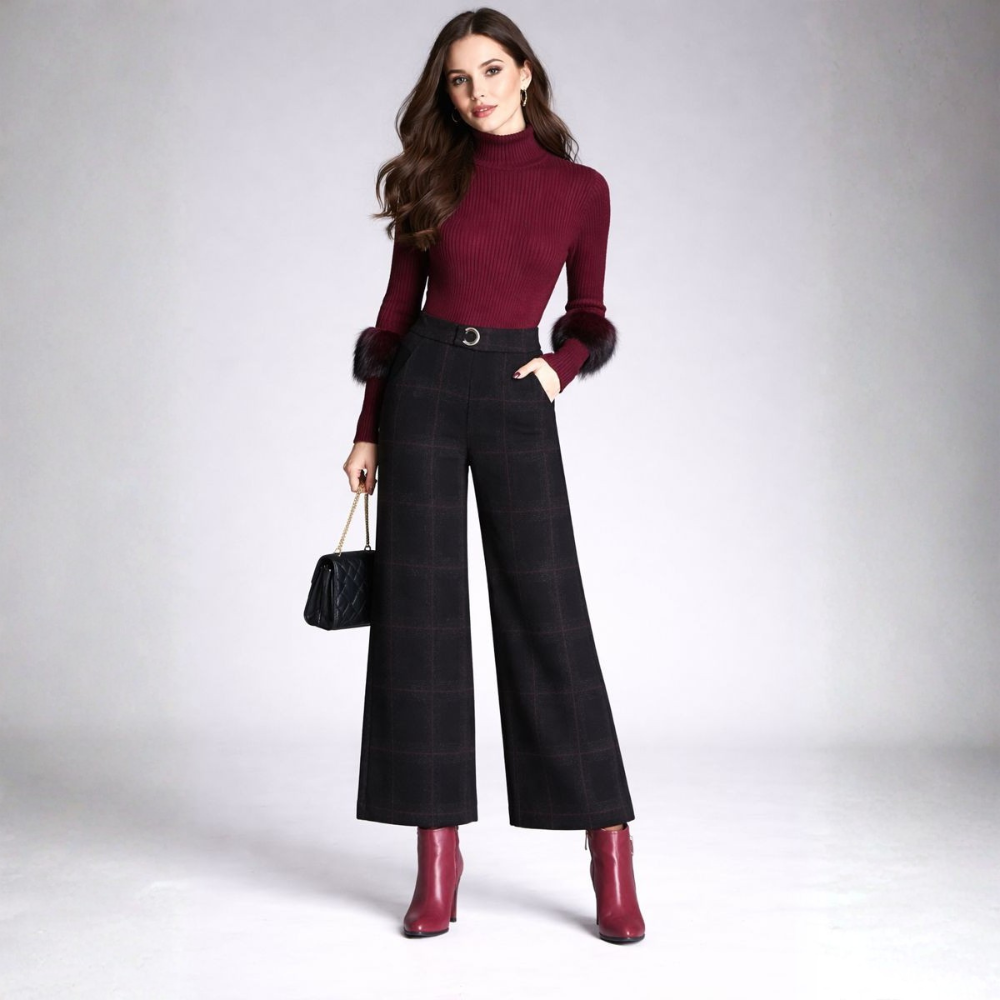 Emma | Women's High Waist Checkered Trousers - Casual Wide Leg Style-Metro Lane Plaza