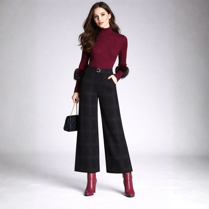 Emma | Women's High Waist Checkered Trousers - Casual Wide Leg Style-Metro Lane Plaza