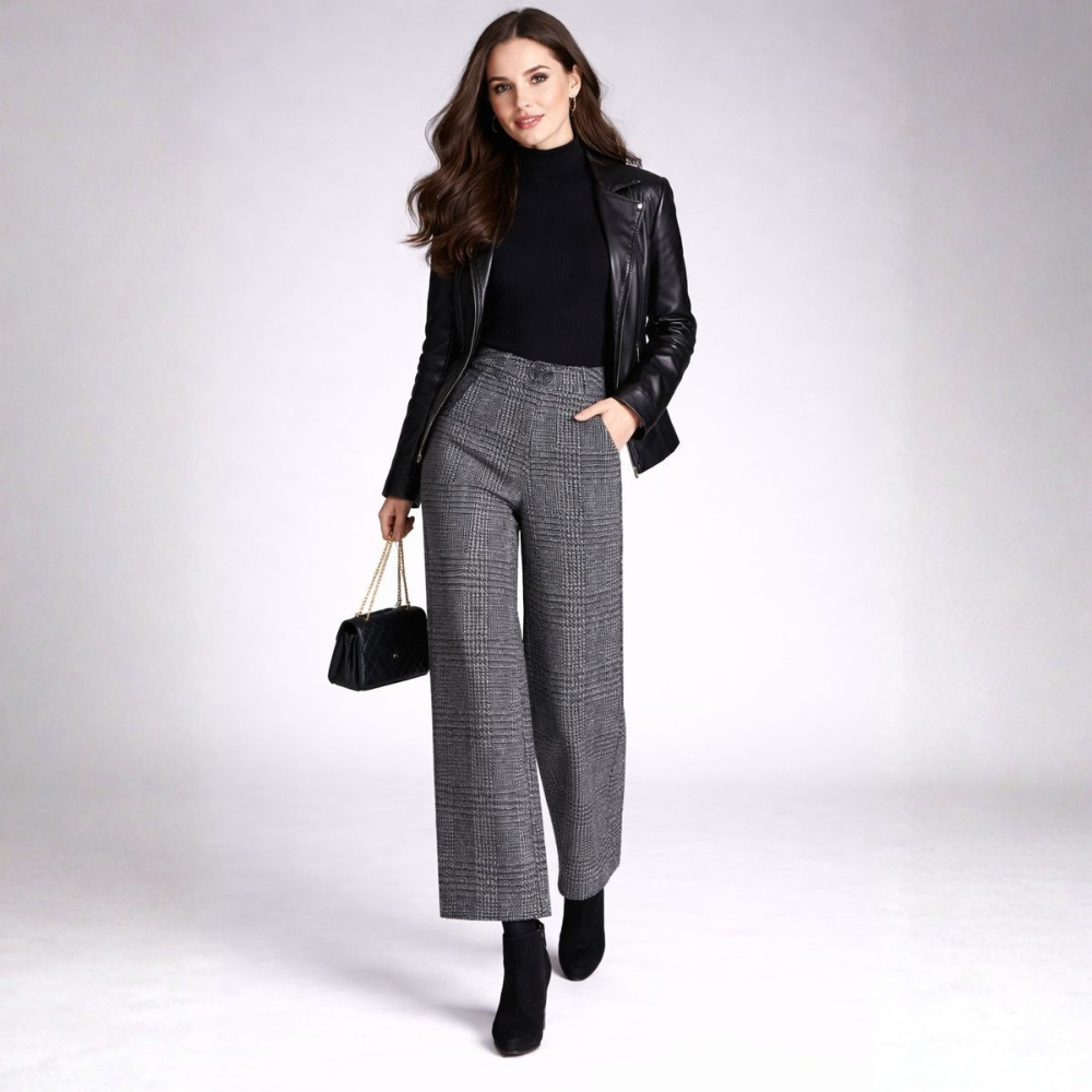 Emma | Women's High Waist Checkered Trousers - Casual Wide Leg Style-Metro Lane Plaza