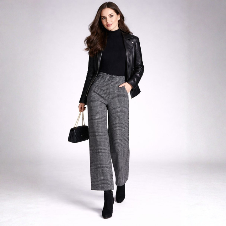 Emma | Women's High Waist Checkered Trousers - Casual Wide Leg Style-Metro Lane Plaza