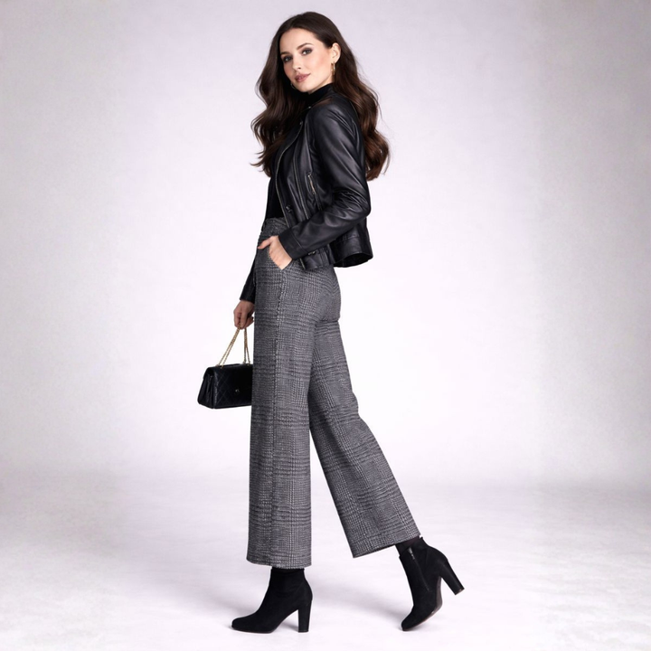 Emma | Women's High Waist Checkered Trousers - Casual Wide Leg Style-Metro Lane Plaza