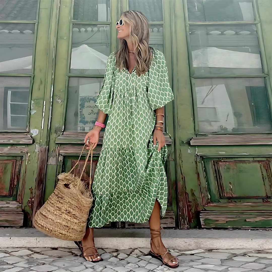 Women's Geometric Print Maxi Dress in Loose Boho Style-Metro Lane Plaza