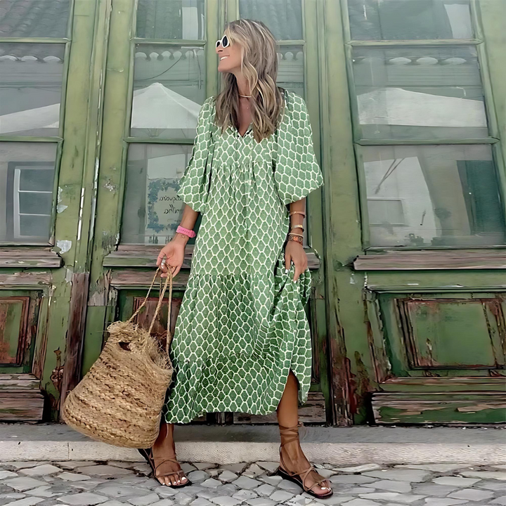 Women's Geometric Print Maxi Dress in Loose Boho Style-Metro Lane Plaza