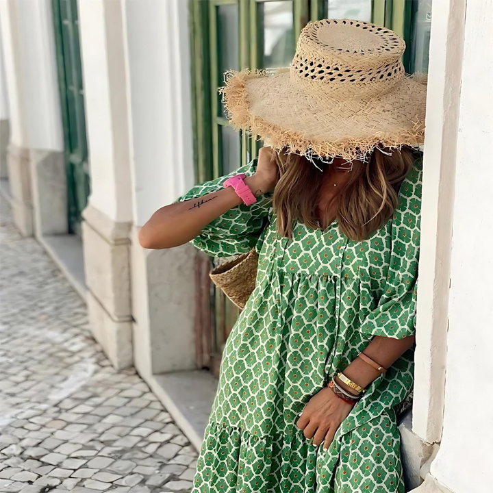Women's Geometric Print Maxi Dress in Loose Boho Style-Metro Lane Plaza
