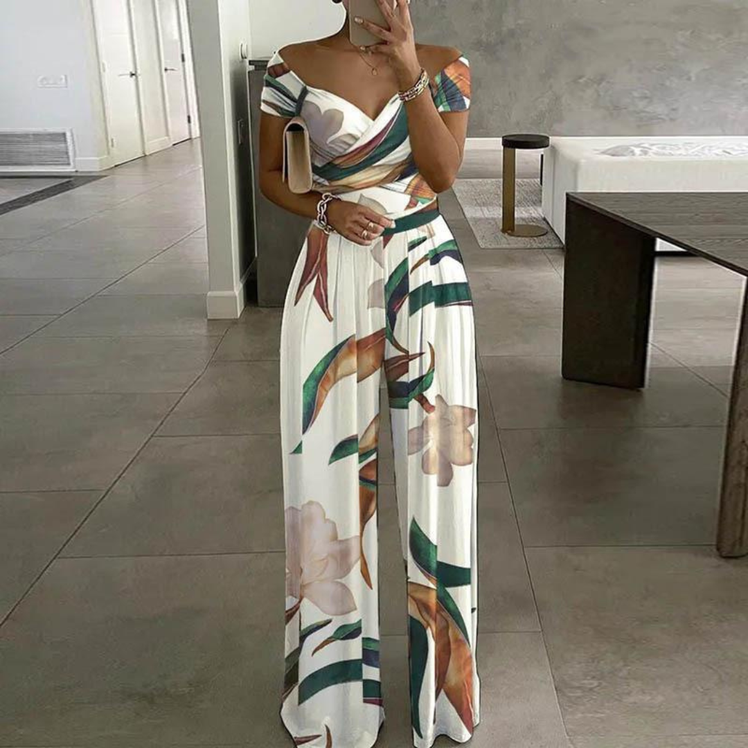 Isla | Women's Off-Shoulder Floral Wide-Leg Jumpsuit-Metro Lane Plaza