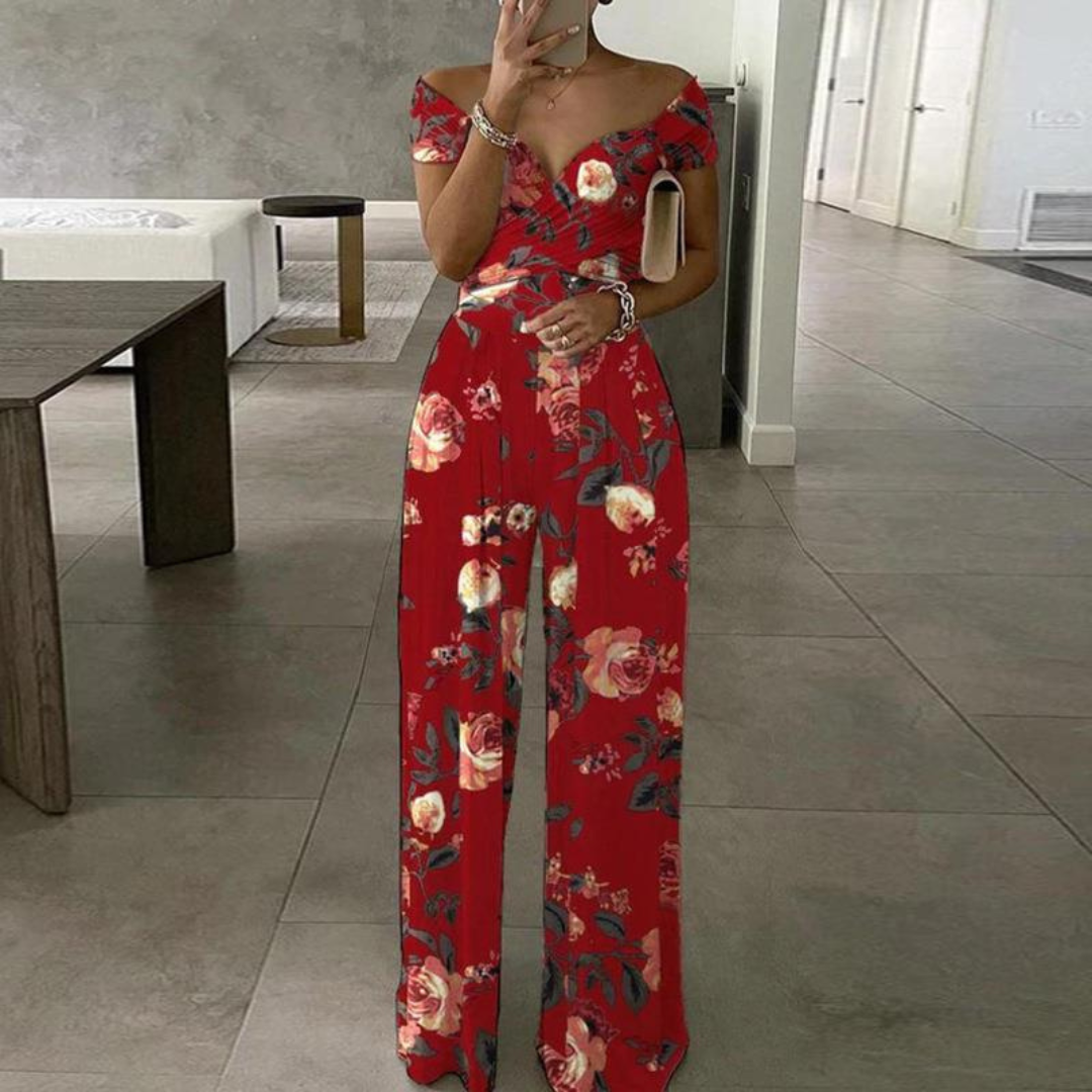 Isla | Women's Off-Shoulder Floral Wide-Leg Jumpsuit-Metro Lane Plaza