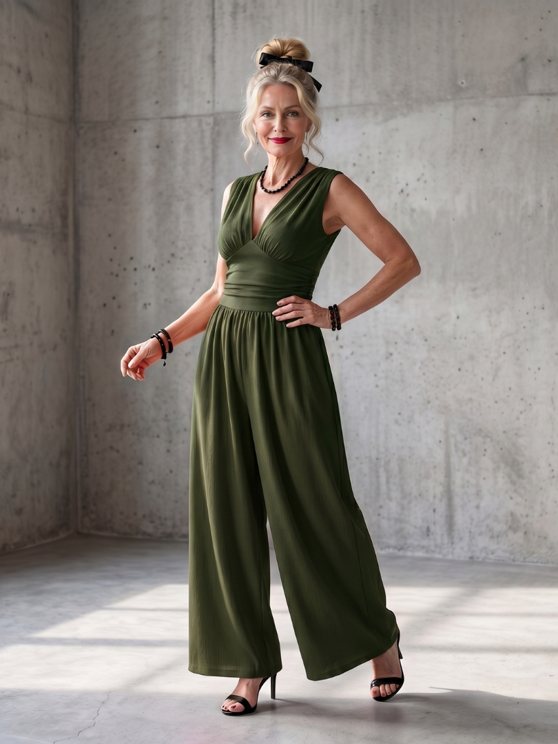 Charlotte | Women's Elegant Deep V-Neck Wide-Leg Jumpsuit-Metro Lane Plaza