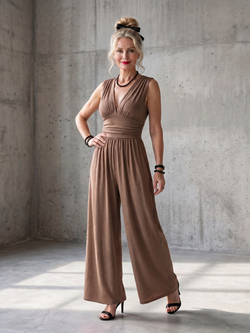 Charlotte | Women's Elegant Deep V-Neck Wide-Leg Jumpsuit-Metro Lane Plaza