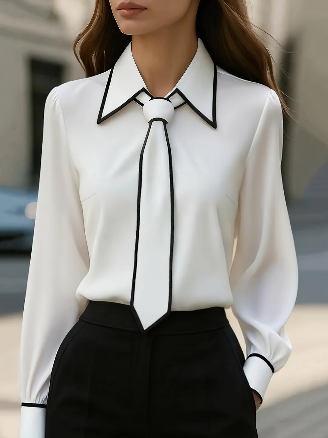 Susanne | Women's Elegant Tie Neck Contrast Collar Blouse-Metro Lane Plaza
