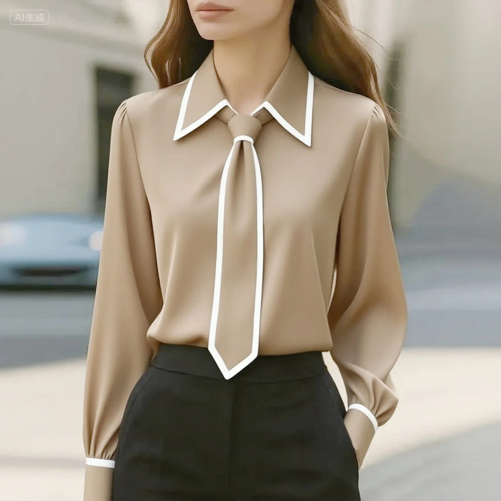 Susanne | Women's Elegant Tie Neck Contrast Collar Blouse-Metro Lane Plaza