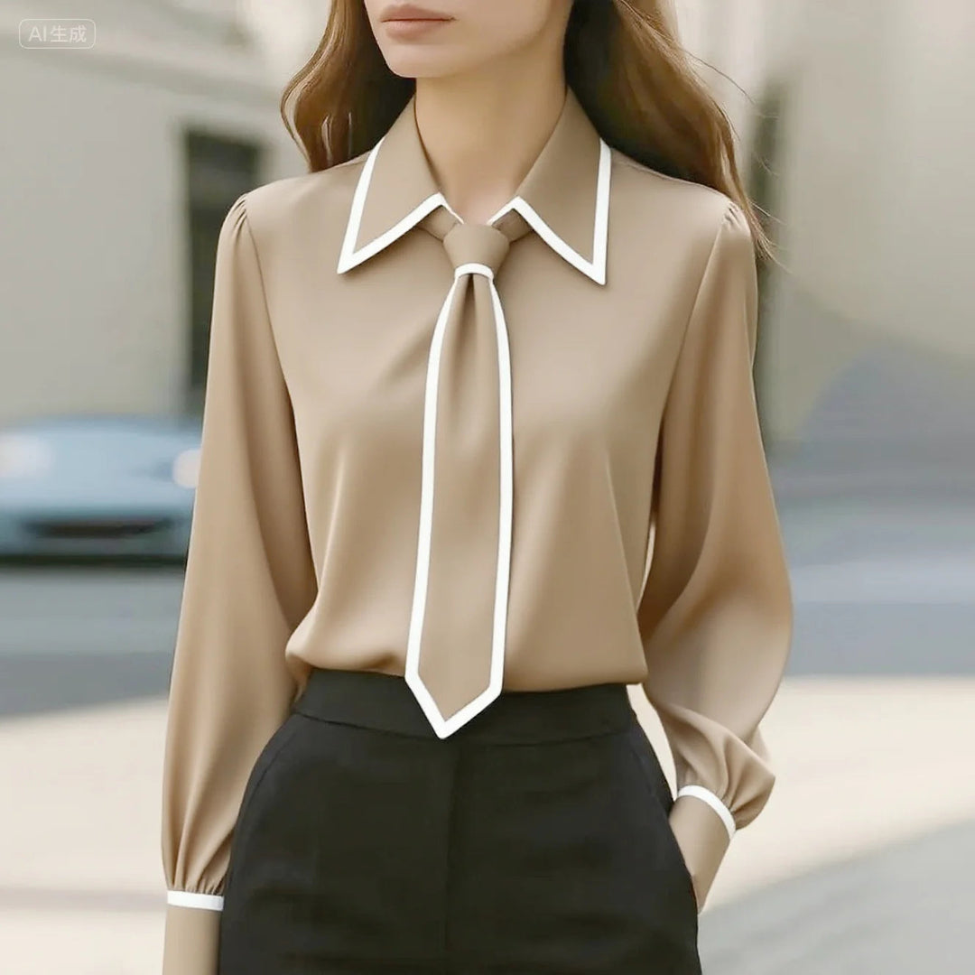 Susanne | Women's Elegant Tie Neck Contrast Collar Blouse-Metro Lane Plaza