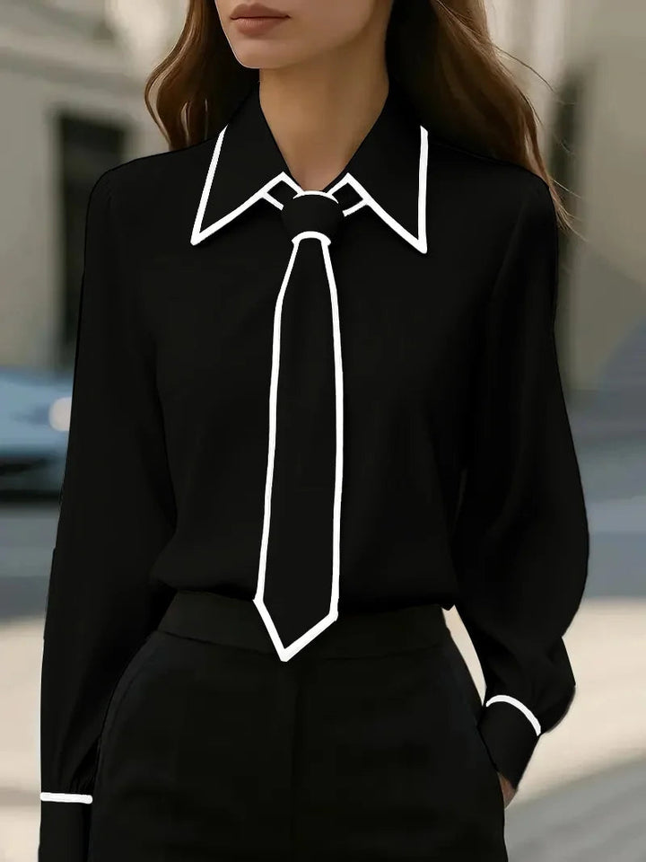 Susanne | Women's Elegant Tie Neck Contrast Collar Blouse-Metro Lane Plaza