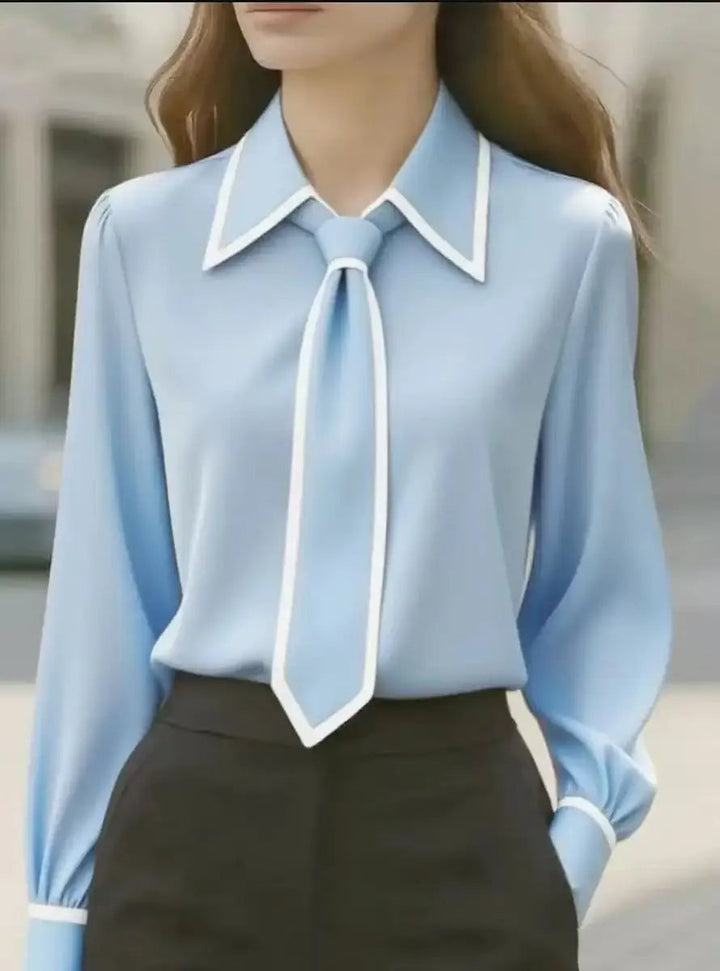 Susanne | Women's Elegant Tie Neck Contrast Collar Blouse-Metro Lane Plaza