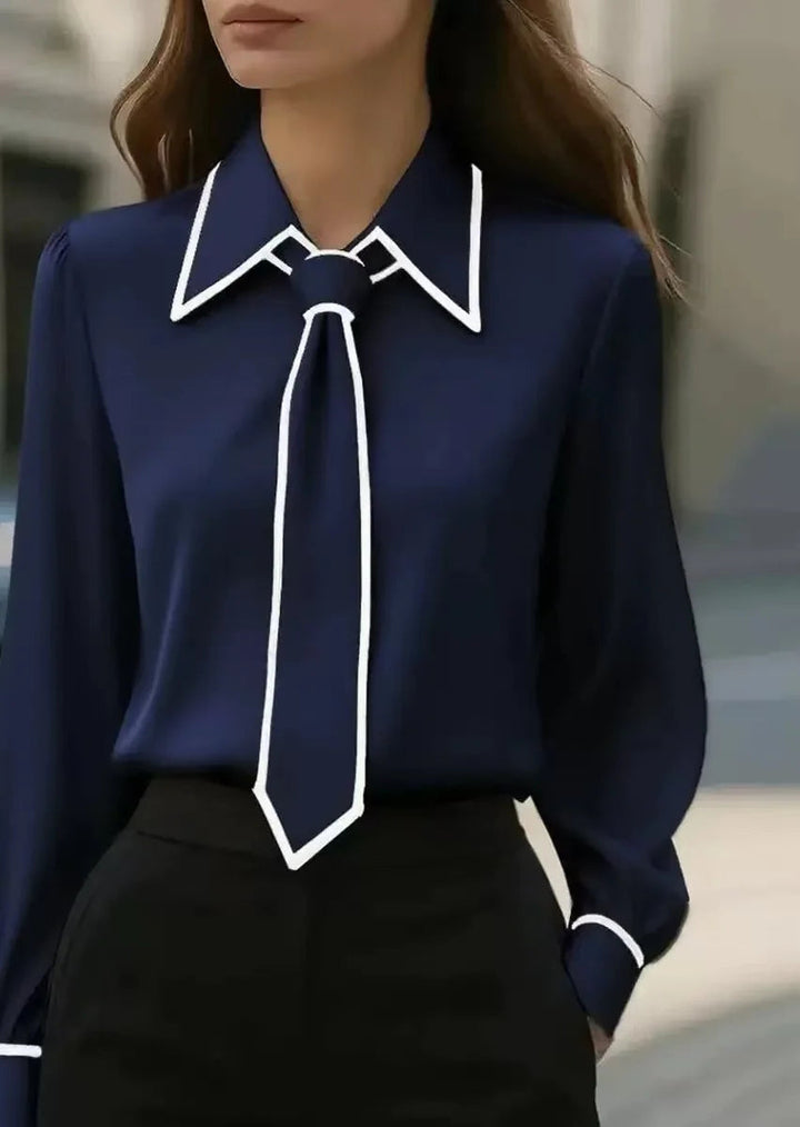 Susanne | Women's Elegant Tie Neck Contrast Collar Blouse-Metro Lane Plaza