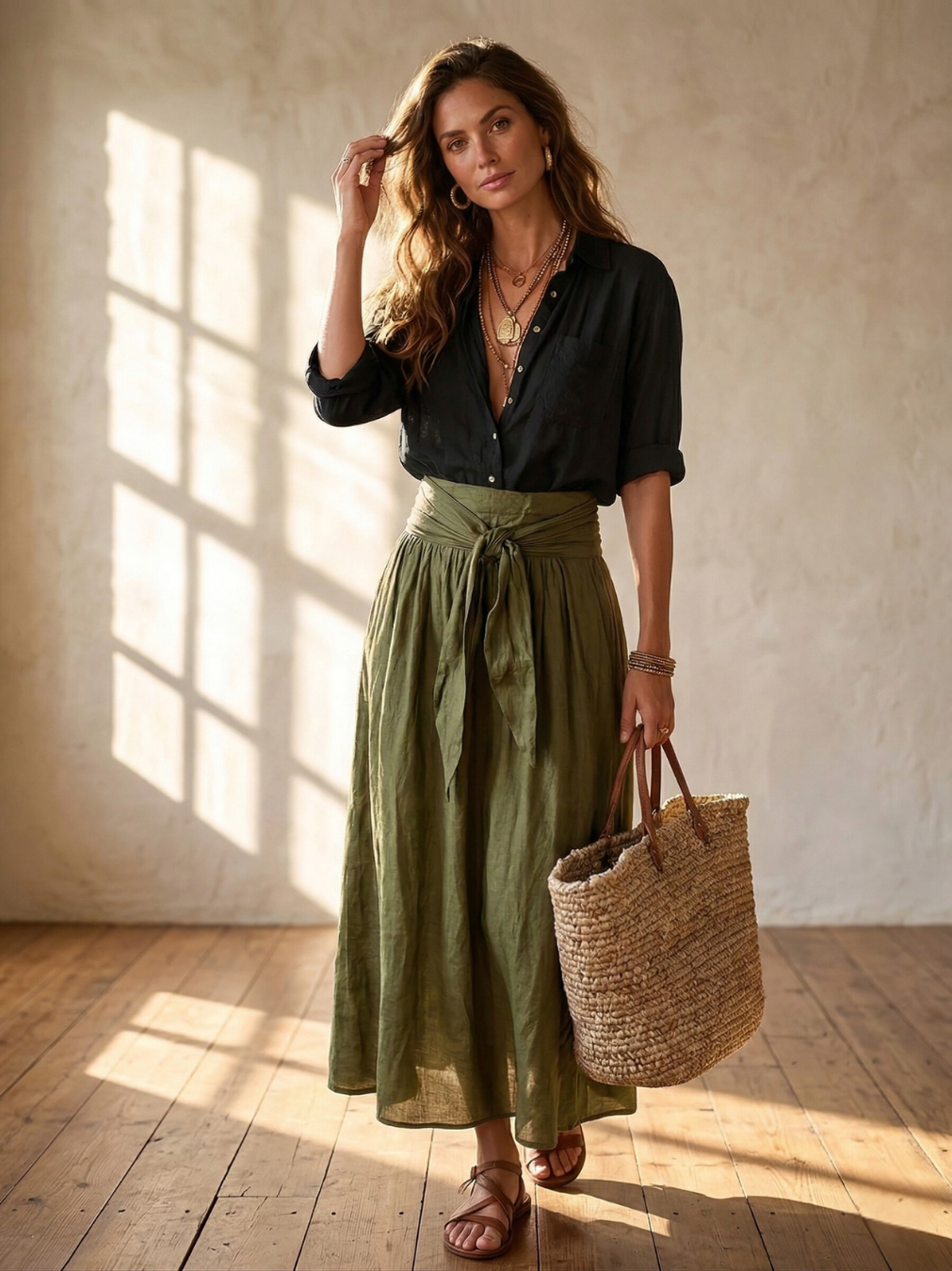 Kylie | Women's Black Shirt and Olive Midi Skirt Set-Metro Lane Plaza
