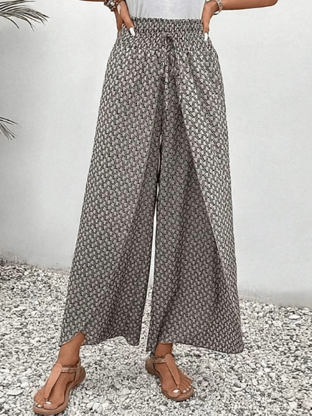 Women's Wide Leg Palazzo Trousers with Smocked Waist and Drawstring