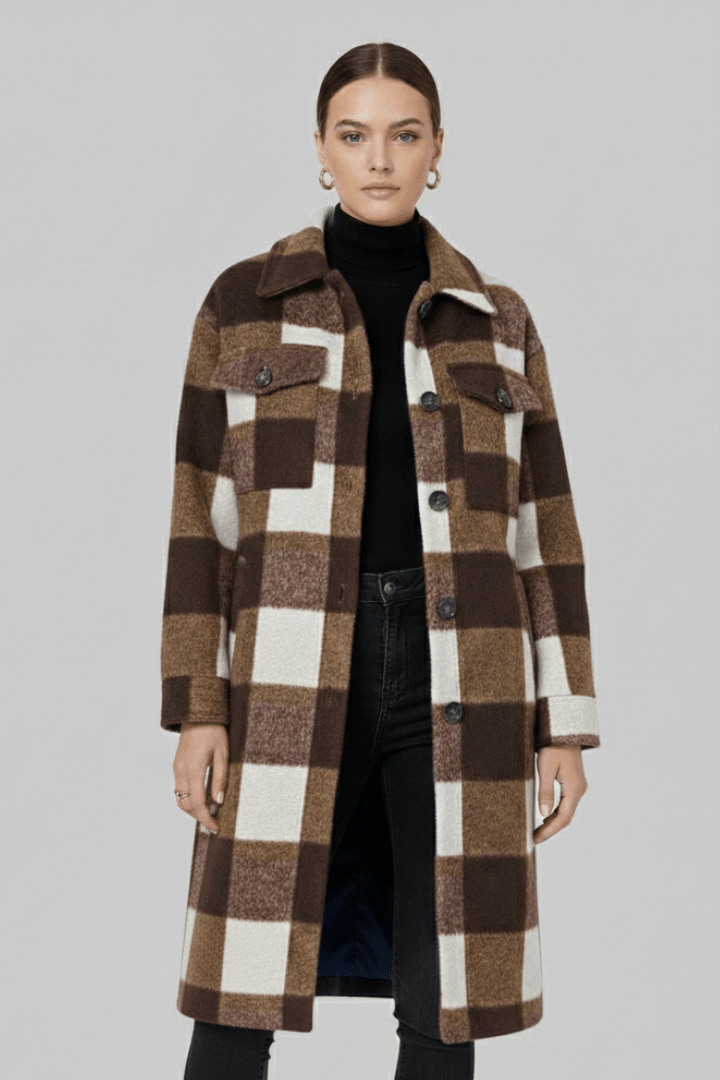 Manteau long tissé à carreaux pour femme, boutonné sur le devant