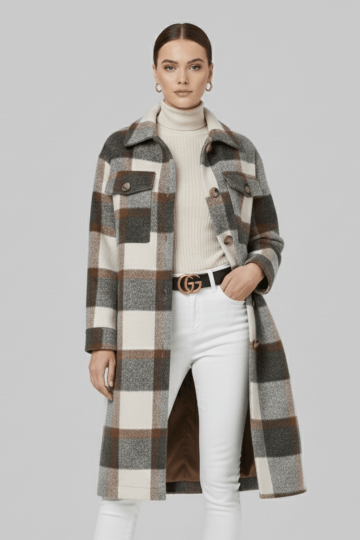 Manteau long tissé à carreaux pour femme, boutonné sur le devant