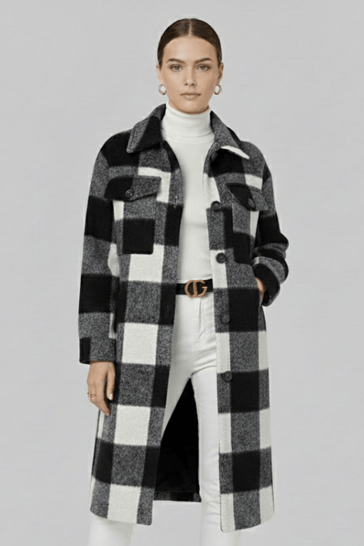 Manteau long tissé à carreaux pour femme, boutonné sur le devant