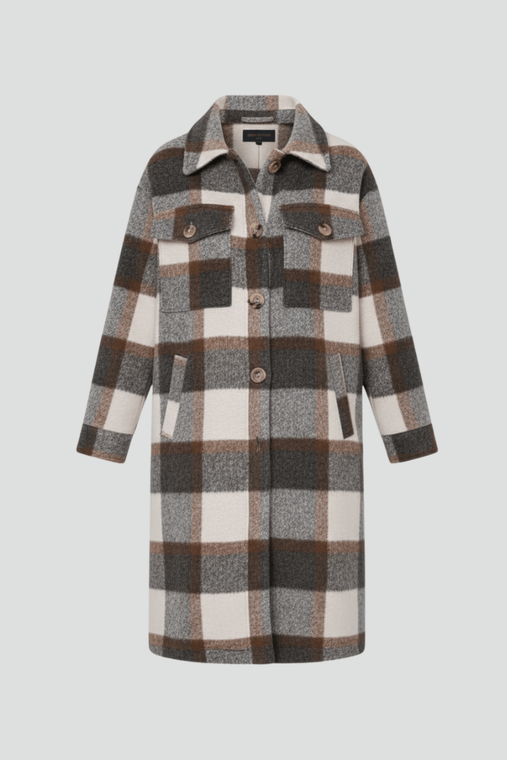 Manteau long tissé à carreaux pour femme, boutonné sur le devant