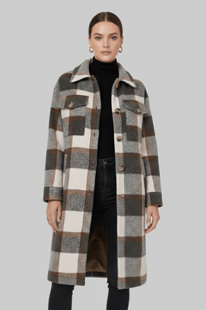 Manteau long tissé à carreaux pour femme, boutonné sur le devant