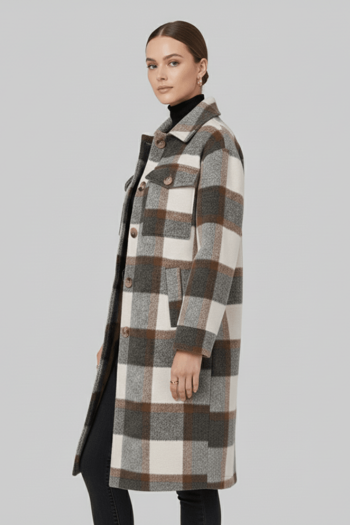 Manteau long tissé à carreaux pour femme, boutonné sur le devant