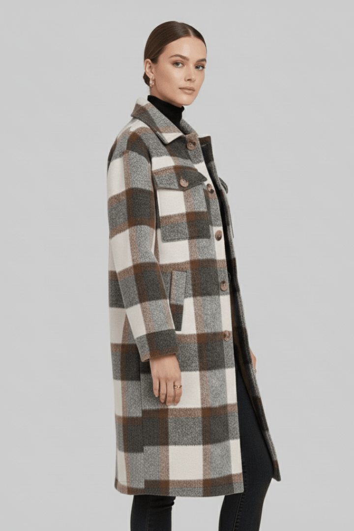 Manteau long tissé à carreaux pour femme, boutonné sur le devant