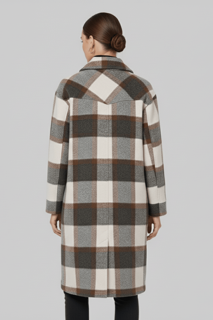 Manteau long tissé à carreaux pour femme, boutonné sur le devant