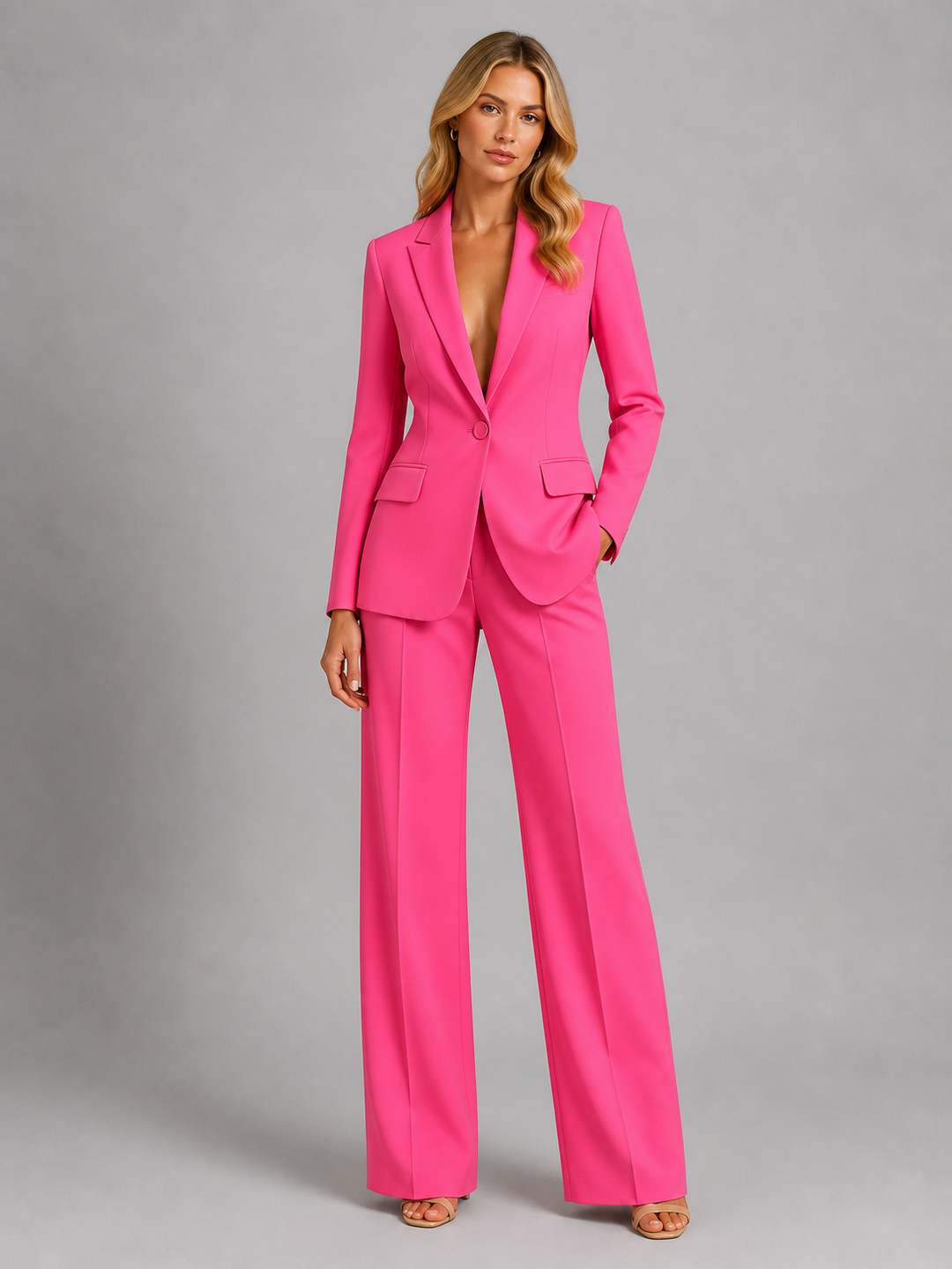 Tenue pour femme avec blazer ajusté et pantalon à jambes larges – look chic
