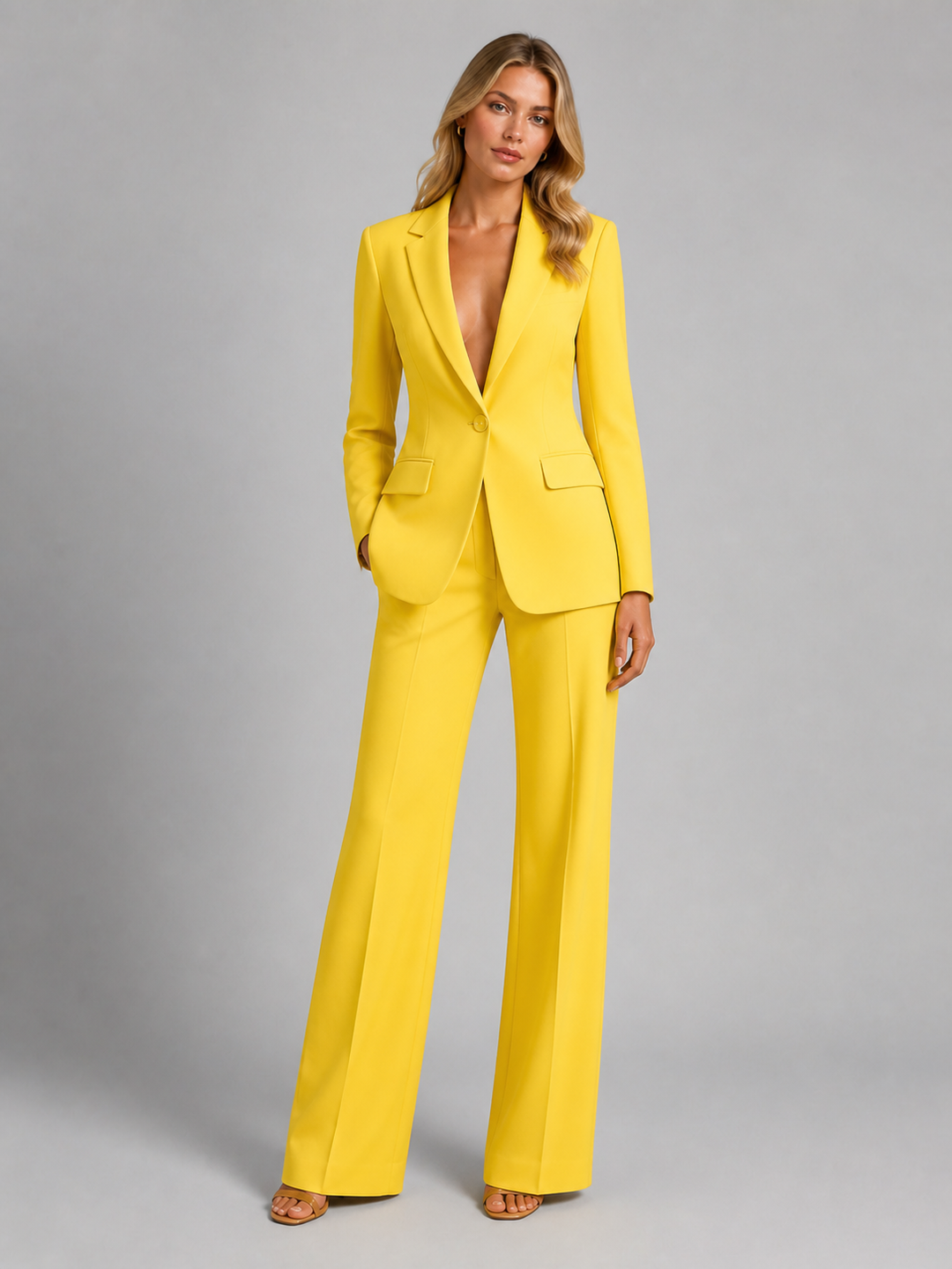 Tenue pour femme avec blazer ajusté et pantalon à jambes larges – look chic