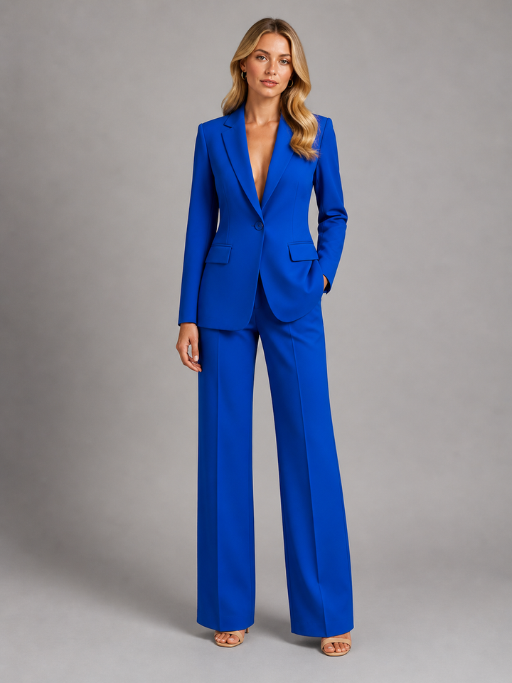 Tenue pour femme avec blazer ajusté et pantalon à jambes larges – look chic