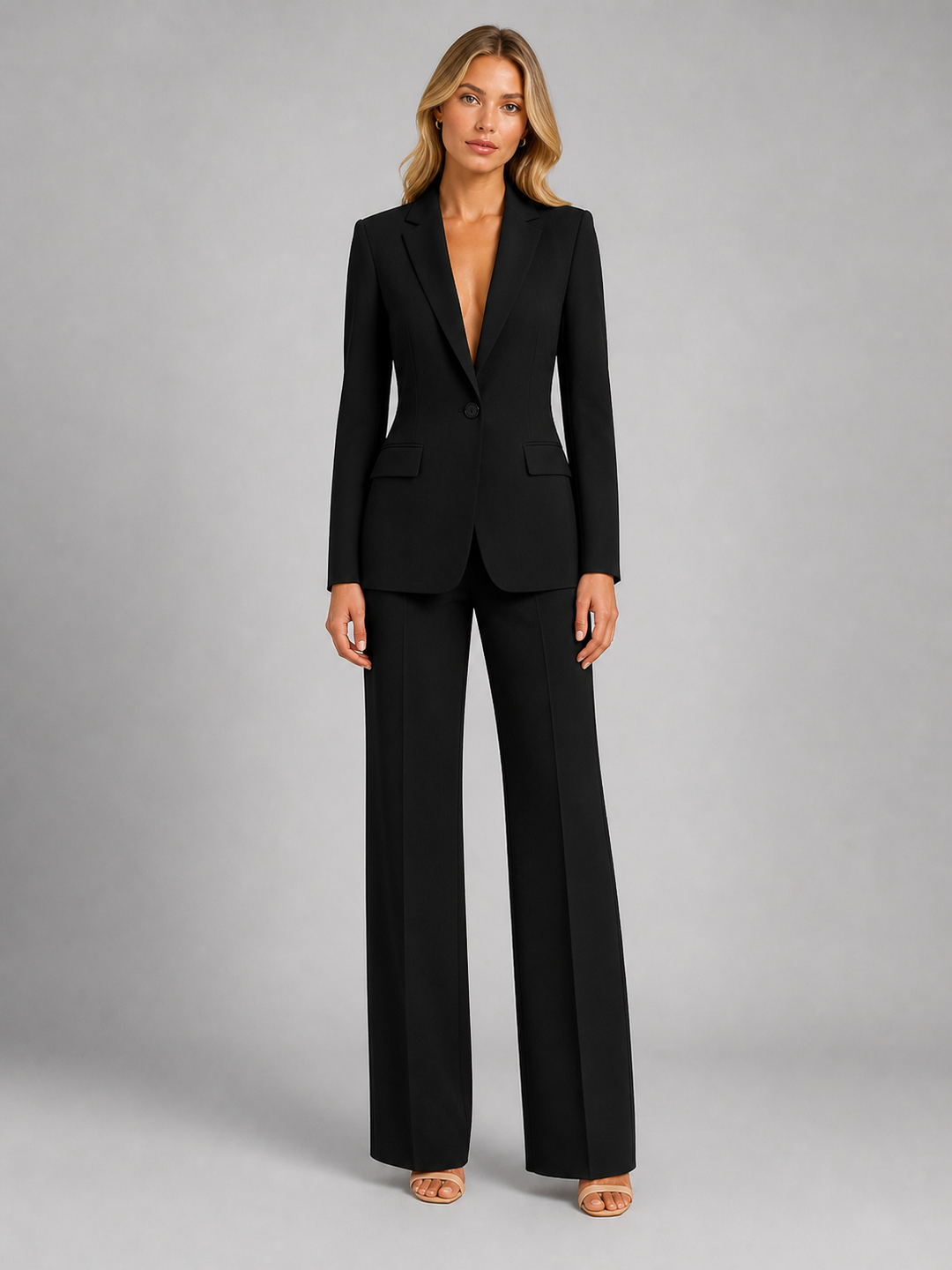 Tenue pour femme avec blazer ajusté et pantalon à jambes larges – look chic