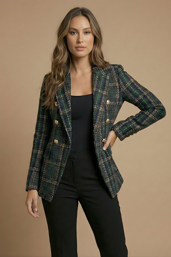 Women's Vintage Double-Breasted Tweed Checked Blazer