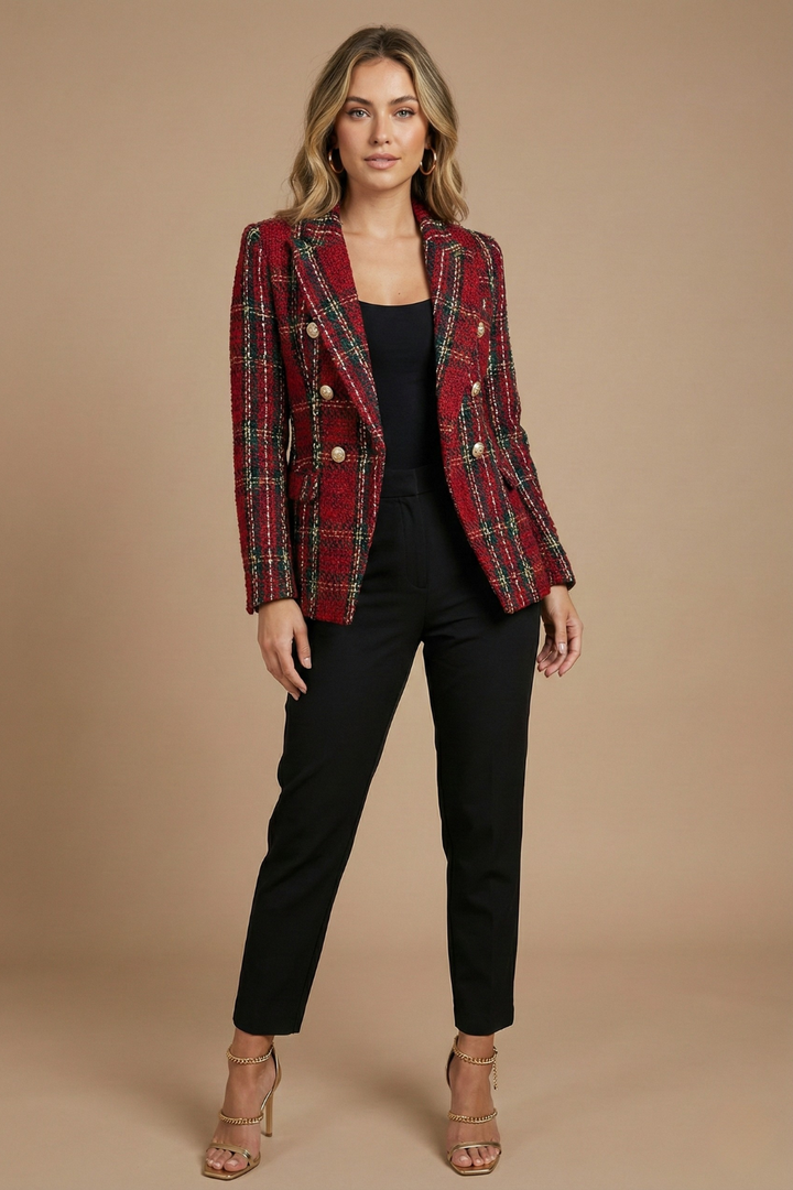 Women's Vintage Double-Breasted Tweed Checked Blazer