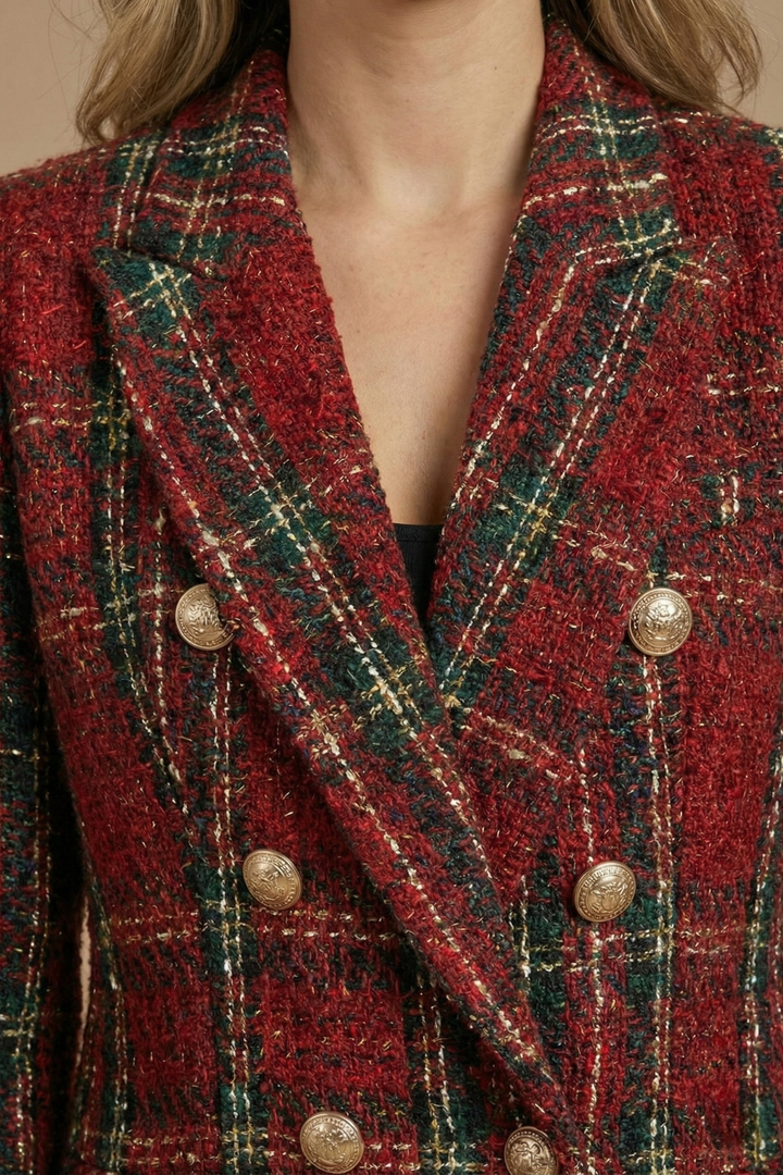Women's Vintage Double-Breasted Tweed Checked Blazer